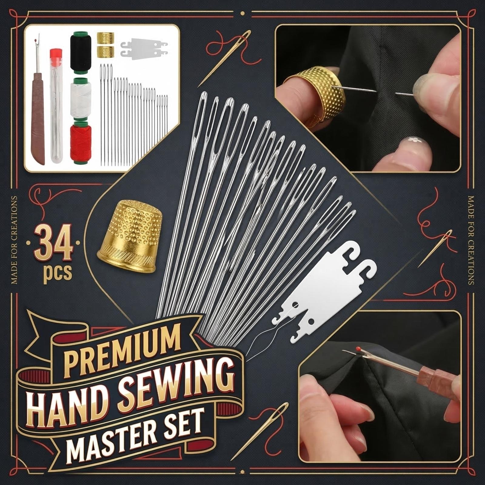 34 PCS Big Eye Steel Sewing Needles Kit, Steels Needle For Hand Sewing With Thimble, Threader, Thread Rippers For Beginner And Clothing One Size серебряный