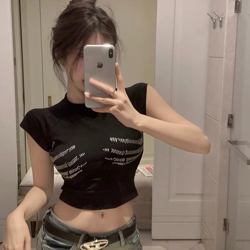 Spicy Girl Rhinestone Short Sleeve Crop Top - Women's Summer Sexy Petite Casual Slim Fit T-Shirt