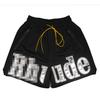 Trendy Brand RHUDE Leather Letter Embroidery Drawstring Mesh Basketball Sports Shorts Men's and Women's High Street Beach Five-point Pants