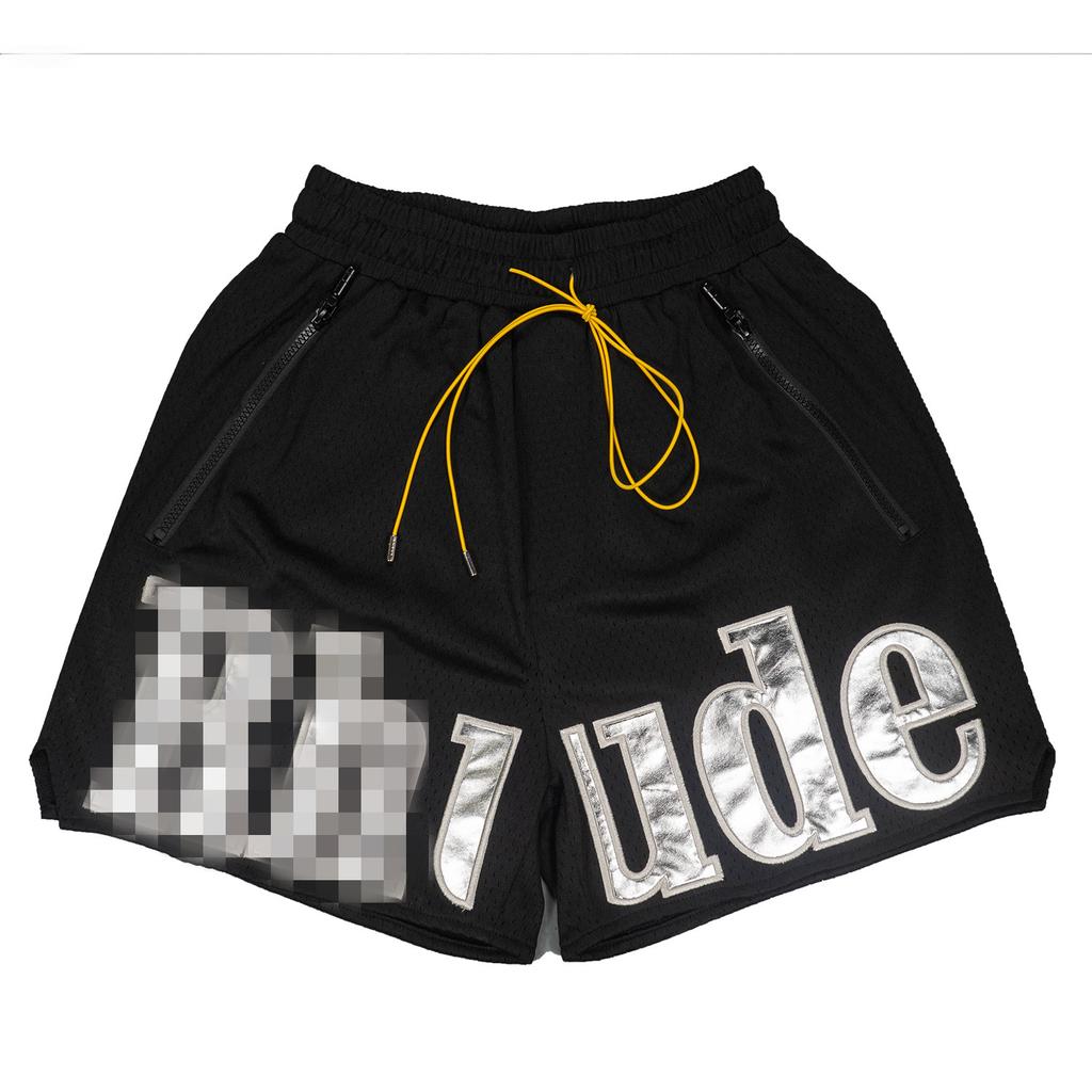 Trendy Brand RHUDE Leather Letter Embroidery Drawstring Mesh Basketball Sports Shorts Men's and Women's High Street Beach Five-point Pants