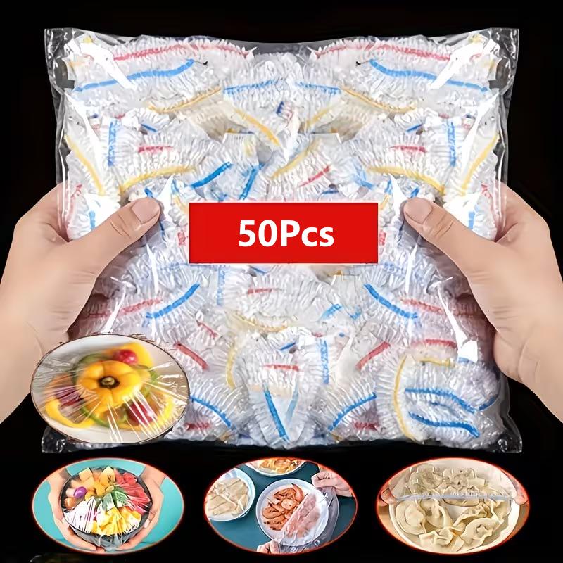 

Reusable Elastic Bowl Covers Food Grade Plastic Fresh Keeping Film Stretch Food Covers for Kitchen Food Storage Meal Prep 50Pcs