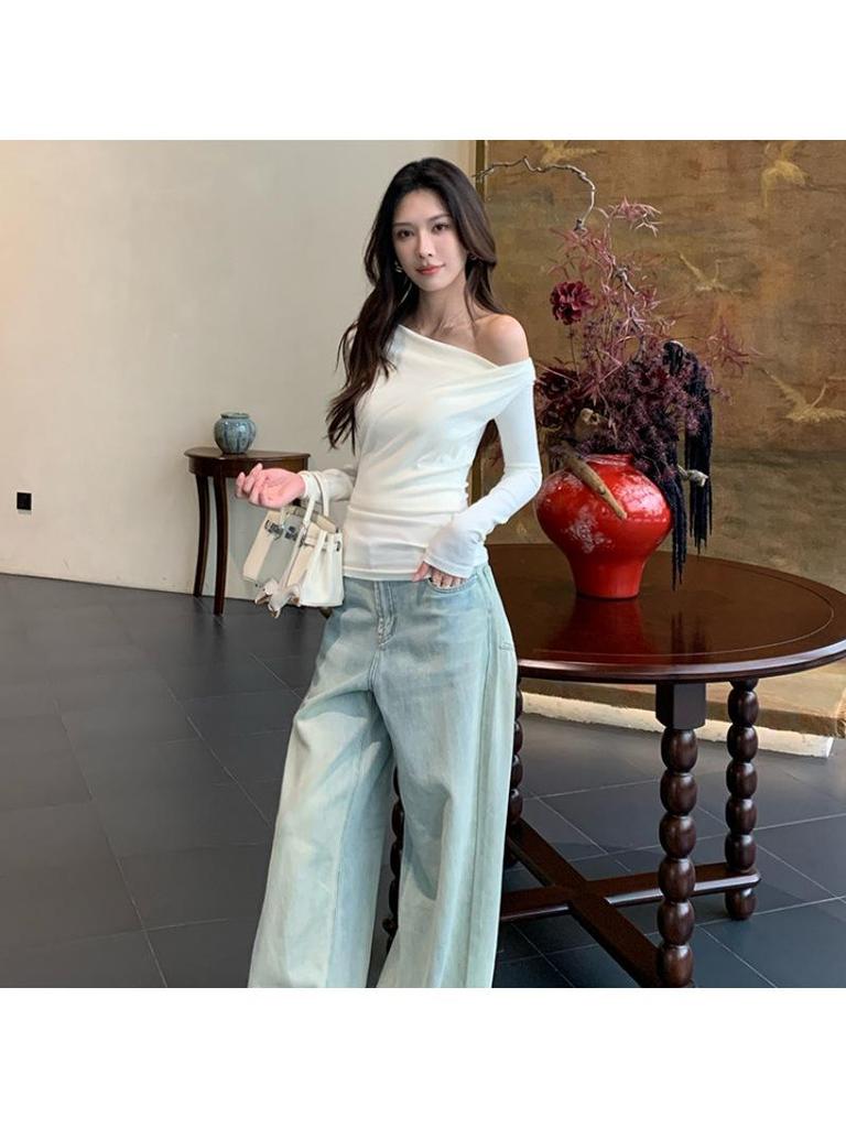 Women's Asymmetrical Off-Shoulder Slim-Fit Long Sleeve Top in White - Autumn 2025 Design