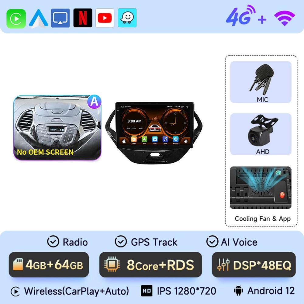 9" Car Radio For Ford FIGO 2015-2018 Android12 GPS Navigation Auto Multimedia Player Wireless Carplay Rear Camera 360 WIFI BT 4G