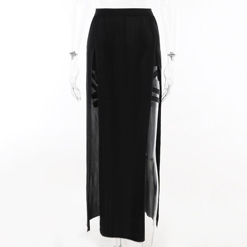 Gothic Club Sexy Summer Skirt Set Women Sleeveless Black Corset Crop Top Bandage Underpants Mesh Split Skirt 3pcs Sets