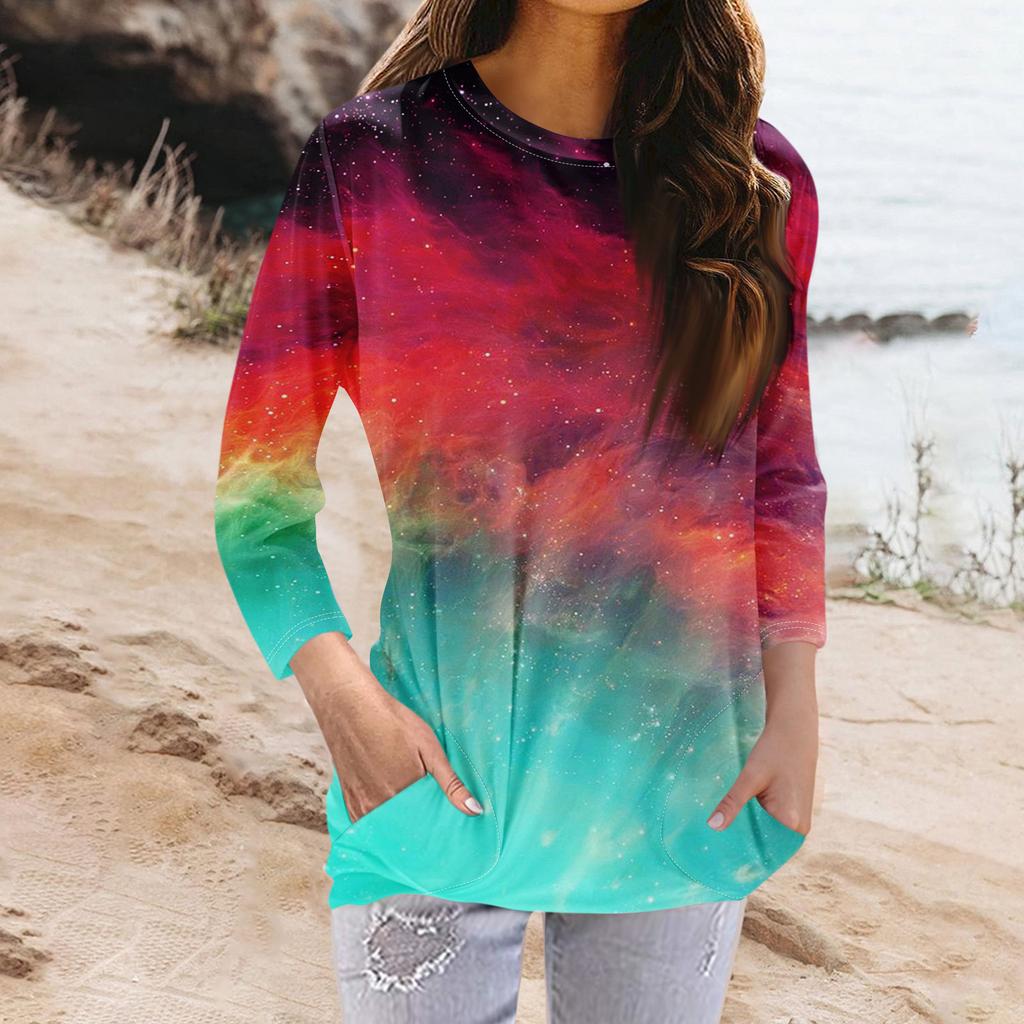 Dámská móda ležérní tričko s kulatým výstřihem a 3/4 rukávem s kapsou