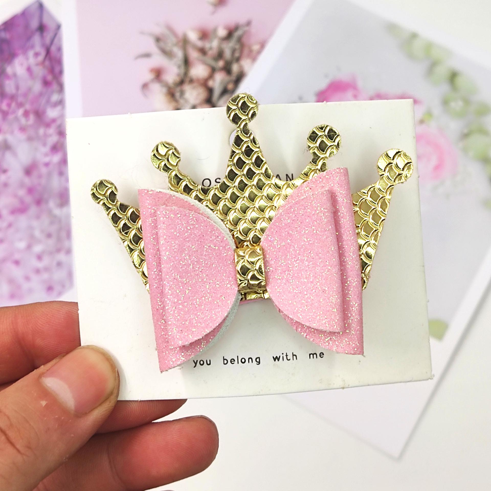 

Girls Shiny Bow Crown Sequin Ribbon Baby Hair Clip With Clip розовый цвет-серебро