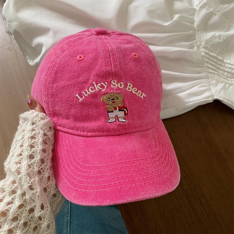 

Американська ретро випрана стара бейсболка з ведмедиком жіноча універсальна з широкими полями показує маленьке обличчя сонцезахисна кепка з м яким верхом M（56-58cm） рожевий червоний колір