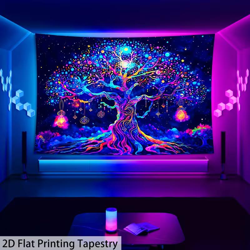 2D UV Reactive Tree of Life Tapestry Blacklight Glowing Psychedelic Wall Decor