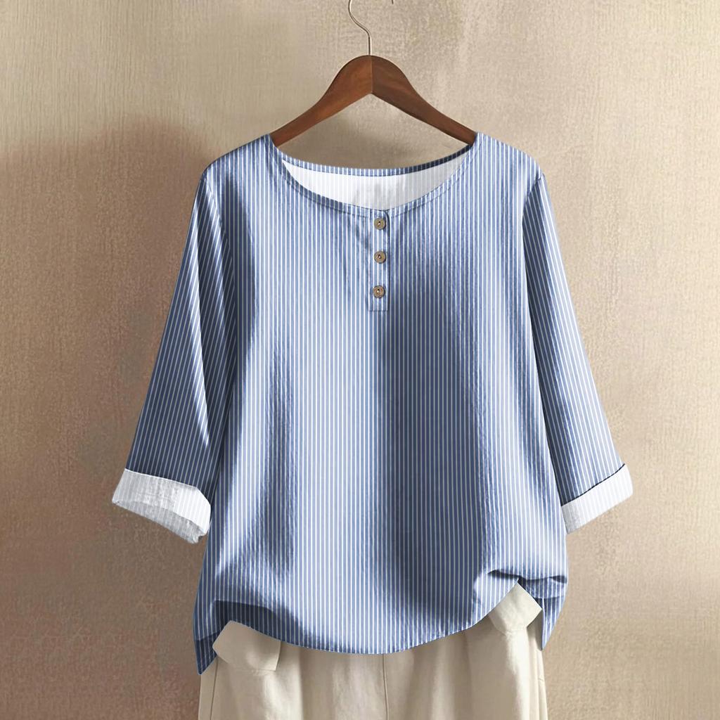 Women's Casual Three-quarter Sleeve Round Neck Gradient Color Printed Cotton And Linen Top