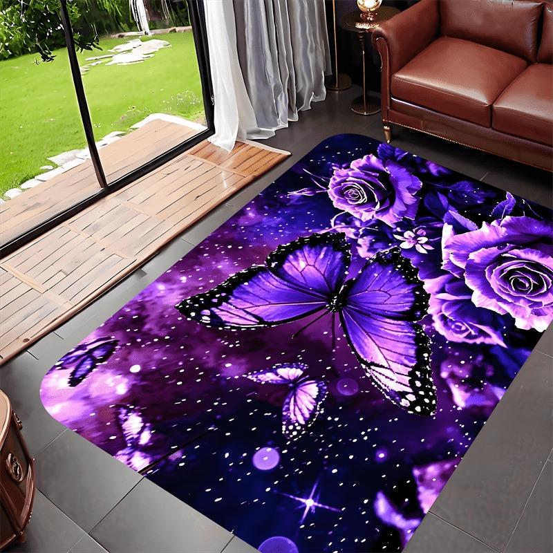 

Purple Butterfly & Rose Area Doormat - Soft Non-Slip Carpet Machine Washable Rug for Kitchen Laundry Hallway Patios Home Decor 40x60cm