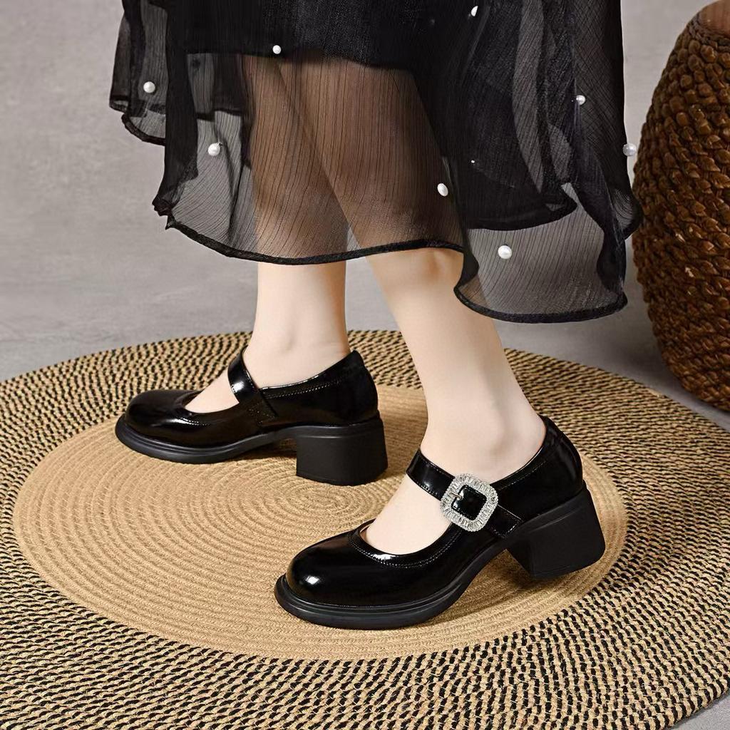 Round Head Mary Jane Shoes Velcro Buckle Women's Shoes Cow Patent Leather Square Buckle College Style Black Thick Heel Small Leather Shoes