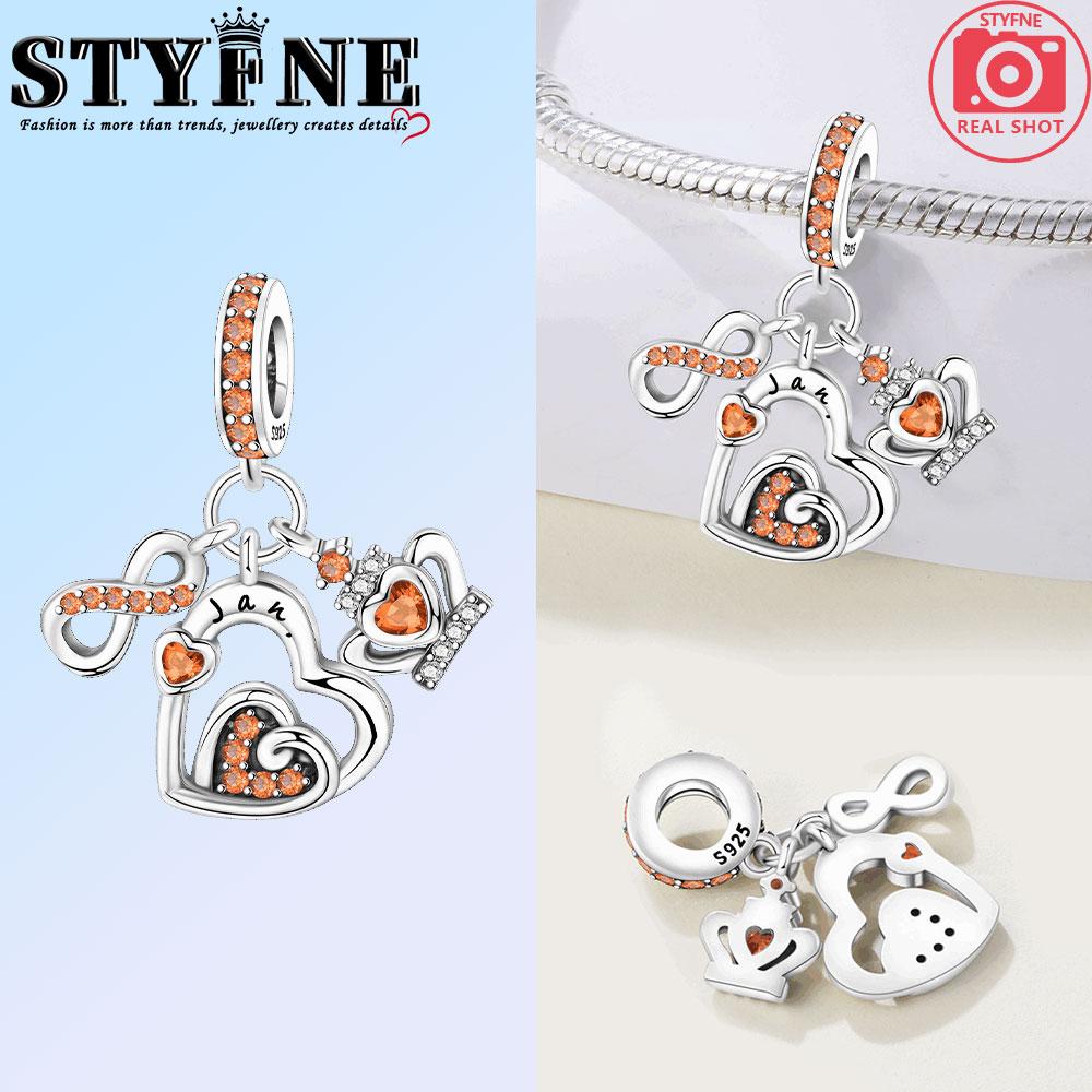 Copper Colorful Month Heart Zircon Birthday Stone Charms Beads Pendant For Original Bracelet Woman Girl Jewelry