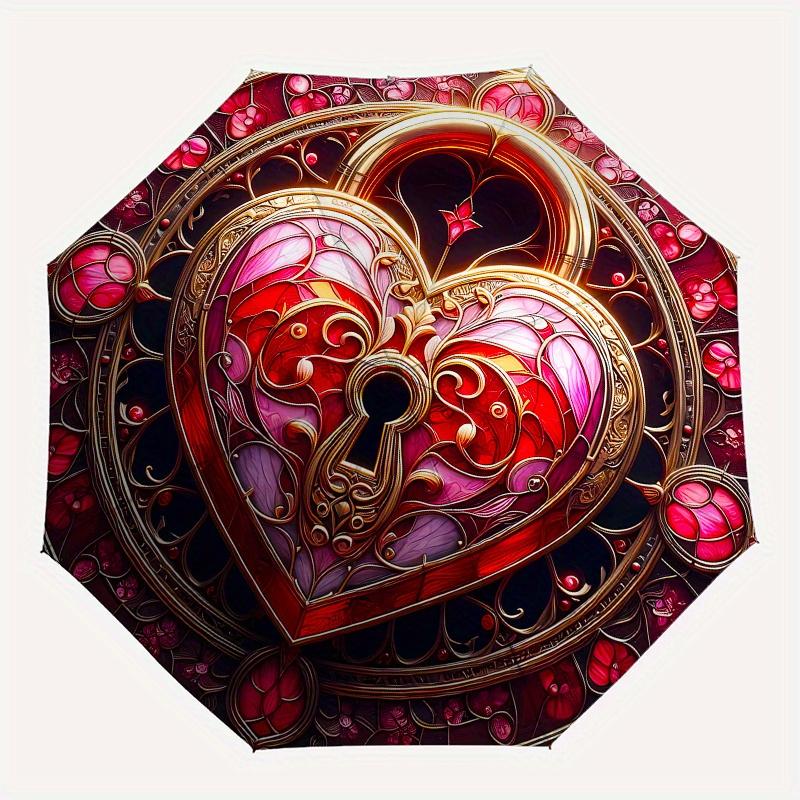 Stained Heart Keyhole OrnamentUmbrella, Portable 3-Fold Compact Umbrella,Christmas Gift ES638