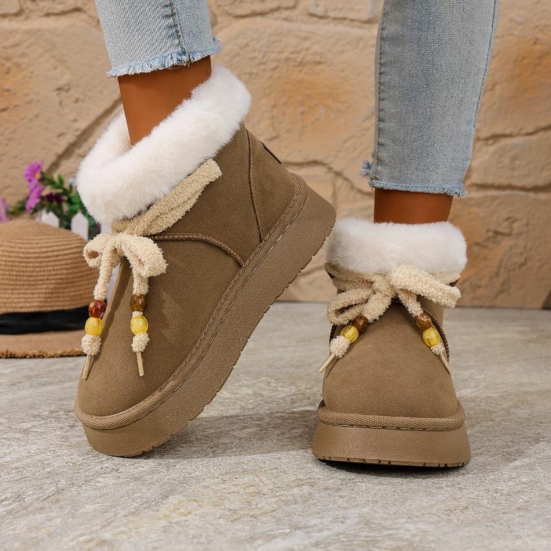 Damen Schneestiefel Runde Zehenpartie Plateausohle Schmetterlingsknoten Schnürung Perlen Baumwollstiefel Freizeit Allround Winterstiefel mit Fellfutter