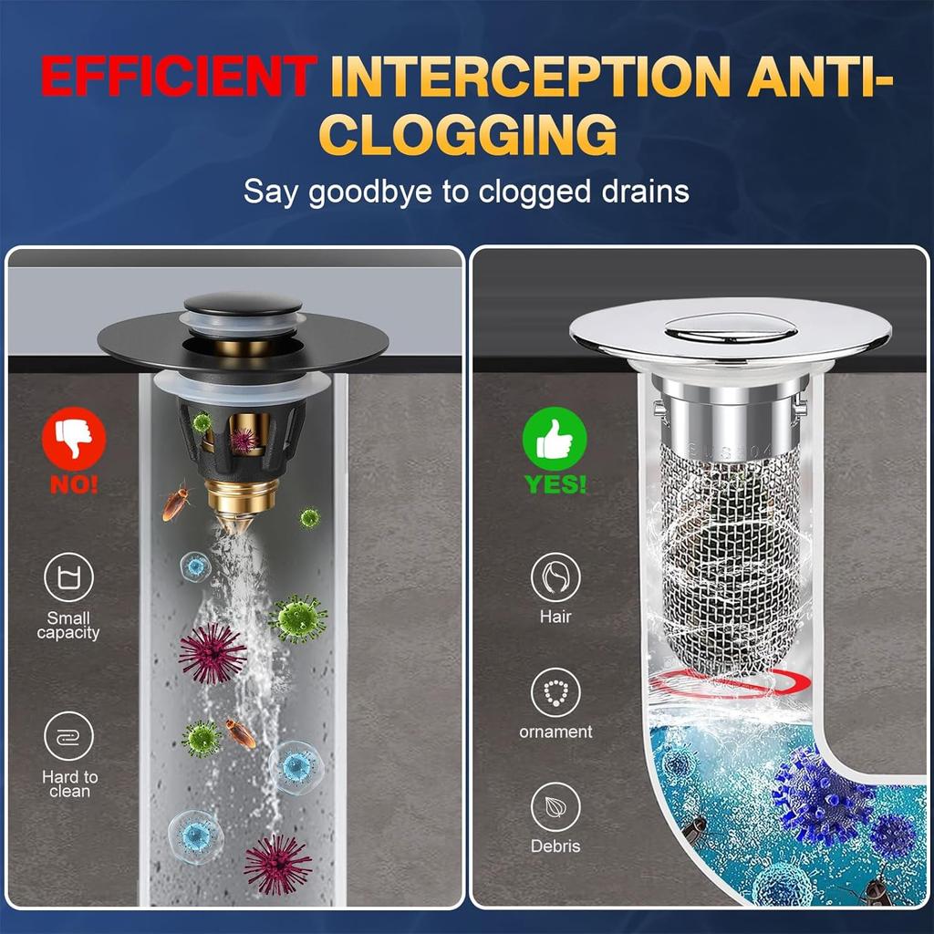 Bathroom Sink Drain Strainer - Pop-Up Filter with Removable Stainless Steel Hair Catcher & Drain Stopper for US Sink Replacement
