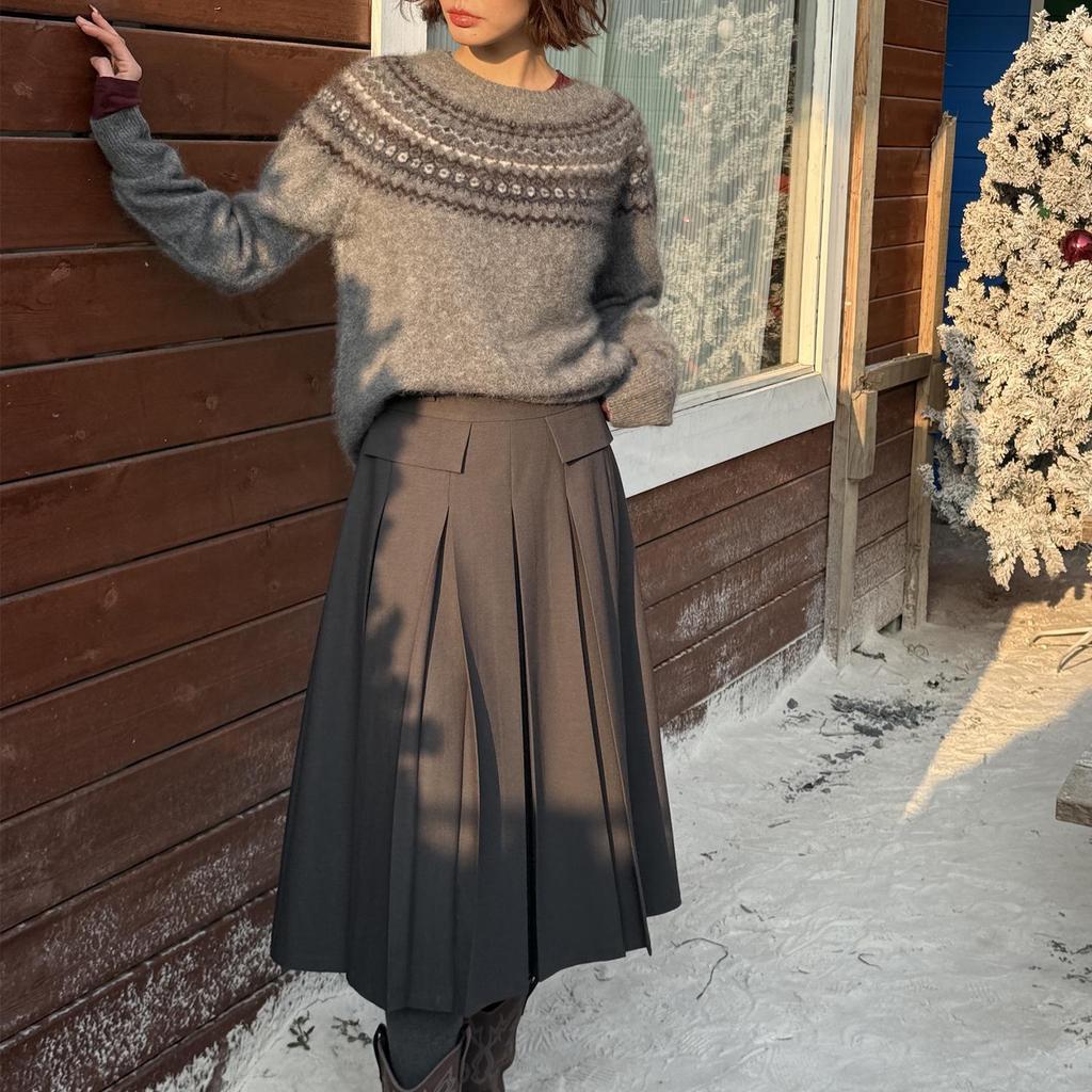 High-Waisted Pleated Wool-Blend Midi Skirt for Women - Autumn/Winter, Slimming A-line with Pressed Pleats and High-Quality Texture