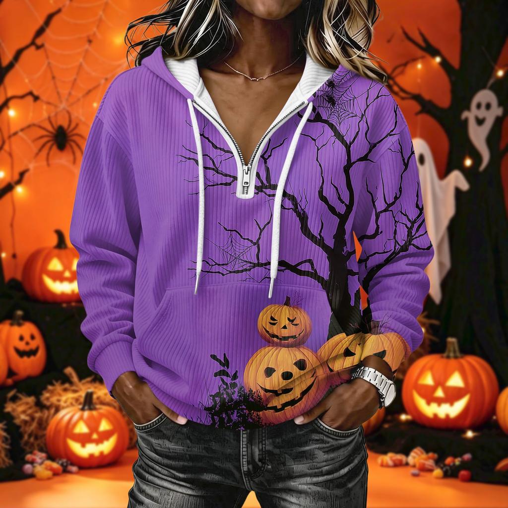 Women's Long Sleeve Halloween Print Hoodie Pullover with Casual Top