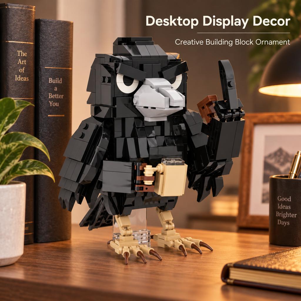 Cute Crow Raven Bird MOC Building Blocks Model, DIY Assemble Bricks Kit, Desktop Table Decor Ornament