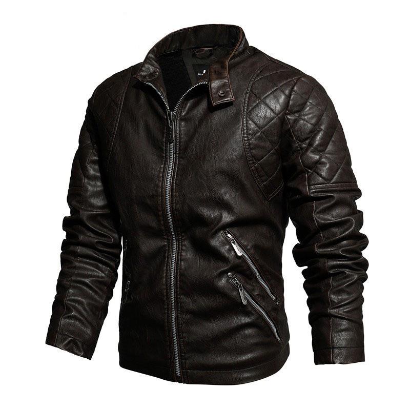 Men's autumn and winter leather jacket slim stand-up collar locomotive PU leather jacket fleece warm men's jacket retro