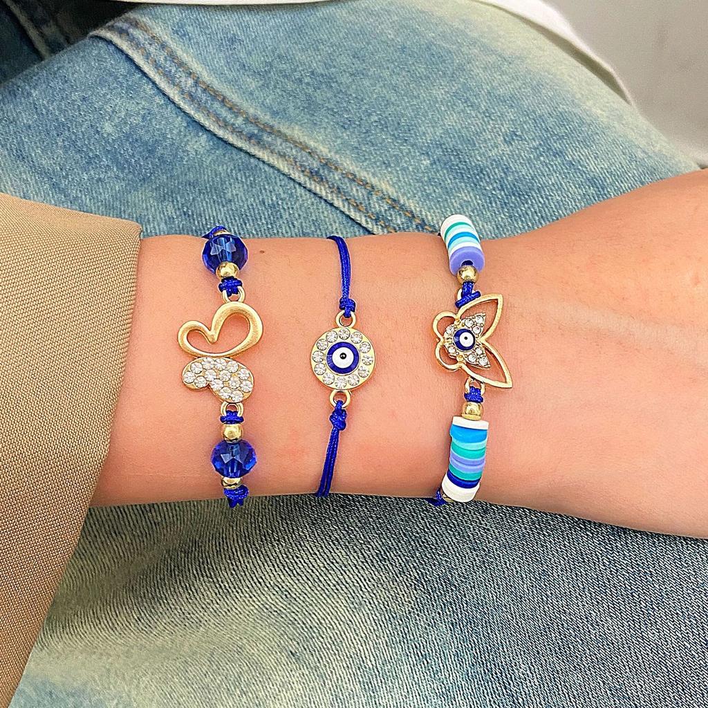 Amazon Hot-selling Evil Eye Bracelet Niche Retro Adjustable Woven Blue Lucky Bracelet Three-piece Set
