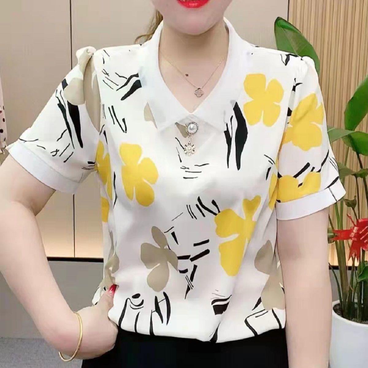 

2022 Women s Chiffon Blouse: Short Sleeve, Peter Pan Collar, Loose Fit for Middle-Aged and Elderly Extra Large XXXL жовтий