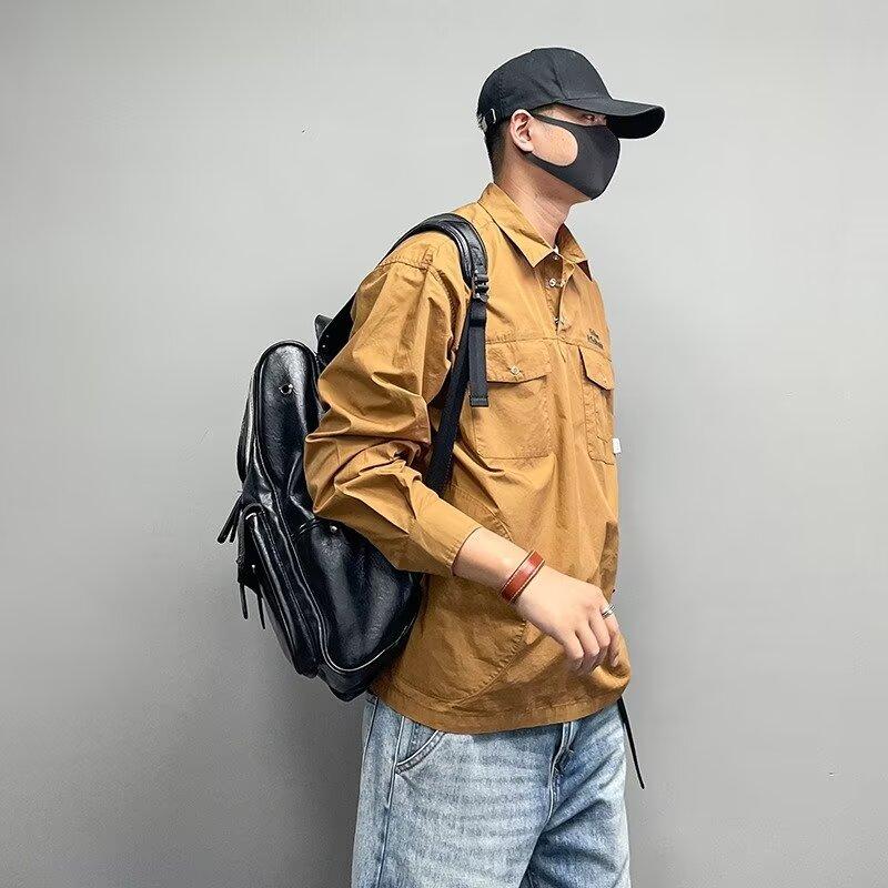 Pullover Sweater Retro Simple Letter Embroidered Shirt Long Sleeve Lapel Multi-Pocket Casual Shirt Spring and Autumn Coat