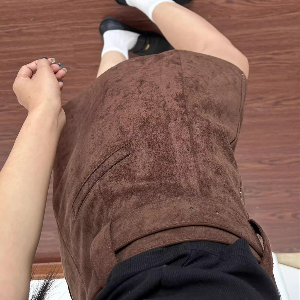 Petite Brown Suede A-Line Half-Skirt for Women - Coffee Color, Hip-Hugging, Spring/Autumn