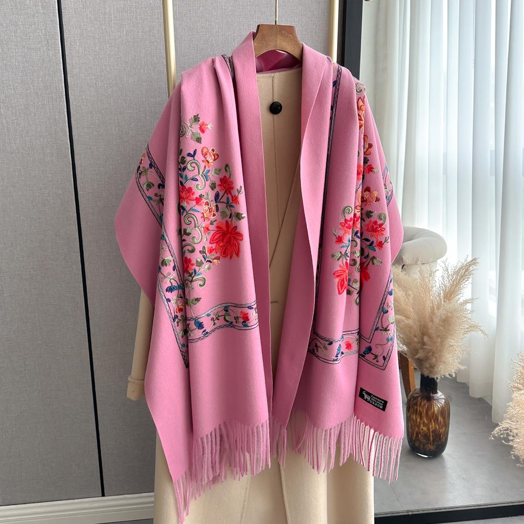 Fashion Luxury Embroidery Scarf Elegant Women Winter Thick Warm Neck Pashmina Long Fringe Scarves Lady Blanket Soft Shawl