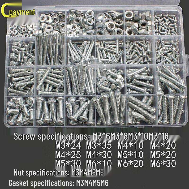 Round Head Phillips Machine Screws & Nuts Set with Flat Washers – Multi-Size Household DIY Box with Complete Specifications