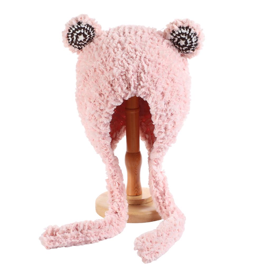 Cute Teddy Bear Cartoon Knit Hat with Plush Warm Ear Protection - Versatile Autumn/Winter Fashion розовый
