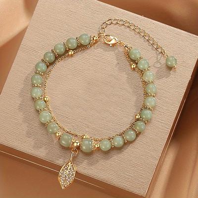 Elegant New Chinese Style Imitation Jade Bracelet for Women - Multilayer Beaded Crystal Handchain with Gold Leaf & Lotus Charm Jewelry