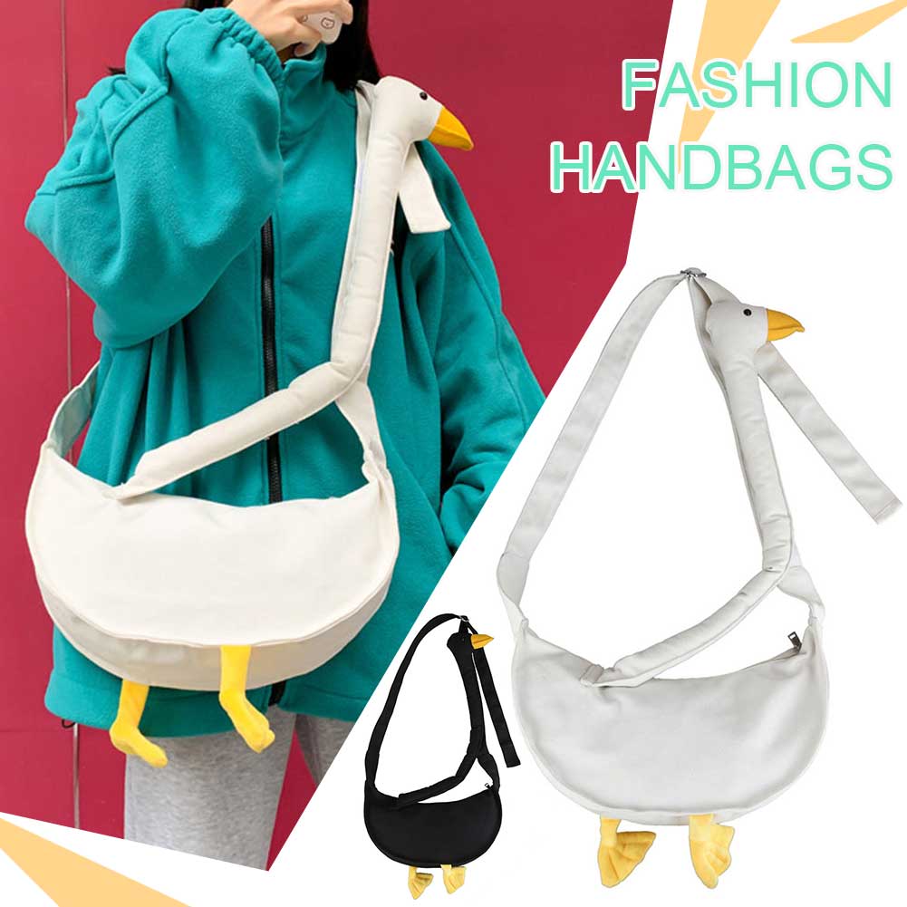 Women Silly Goose Bag Adjustable Strap Canvas Cartoon Goose Bag Large Capacity Funny Goose Shoulder Bag Daily Bag for Girls