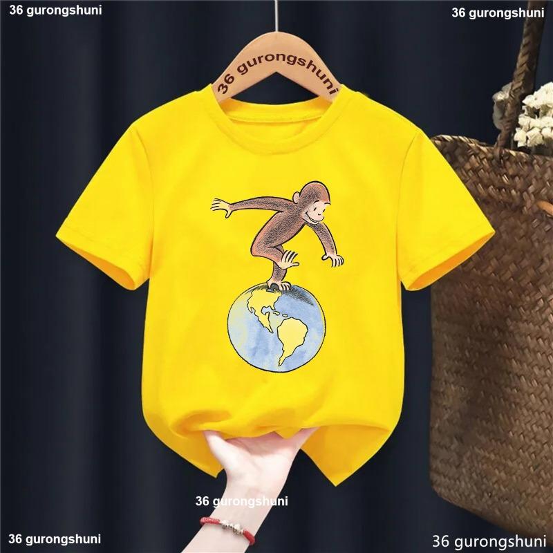 Kawaii Kids Clothes Curious George Monkey Cartoon Printed Yellow T Shirt Girls/Boys Summer Tops T-Shirt Harajuku Shirt 110