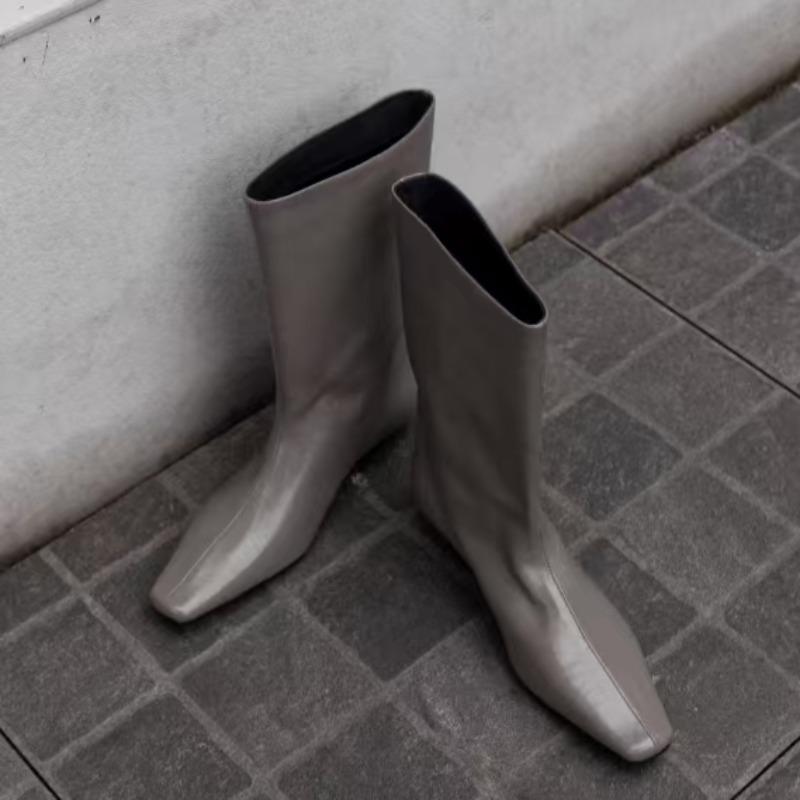 Long Women Boots Leather Small Square Head Wedge Mid Tube Boots Women's 2025 New Versatile Loose Tube Short Boots Woman
