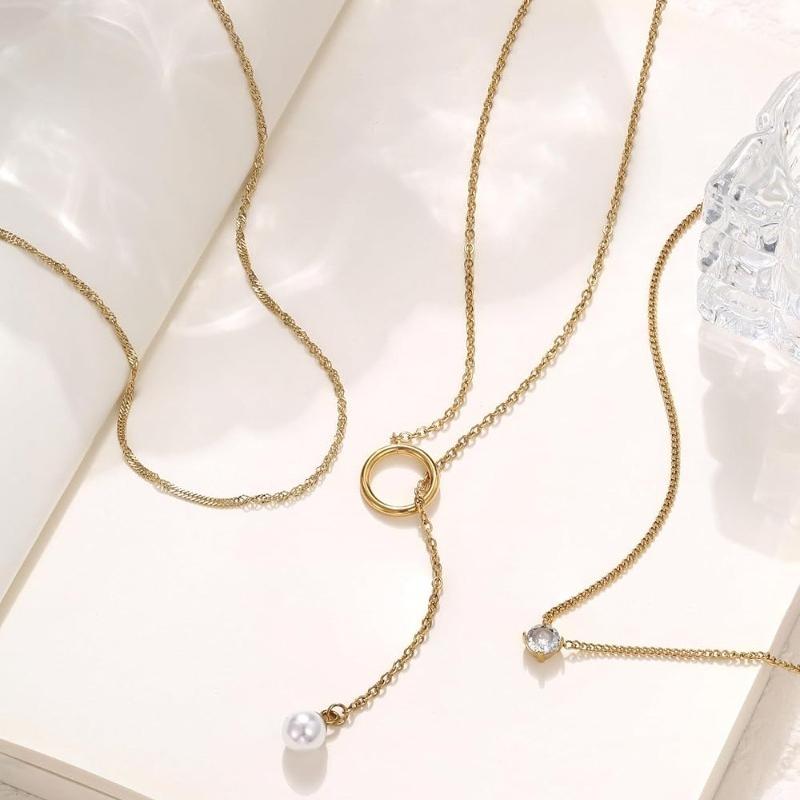 2-3pcs Women's Gold Necklace Stainless Steel Adjustable Choker Necklace CZ Pearl Pendant Chain Gold – with Jewellery Box