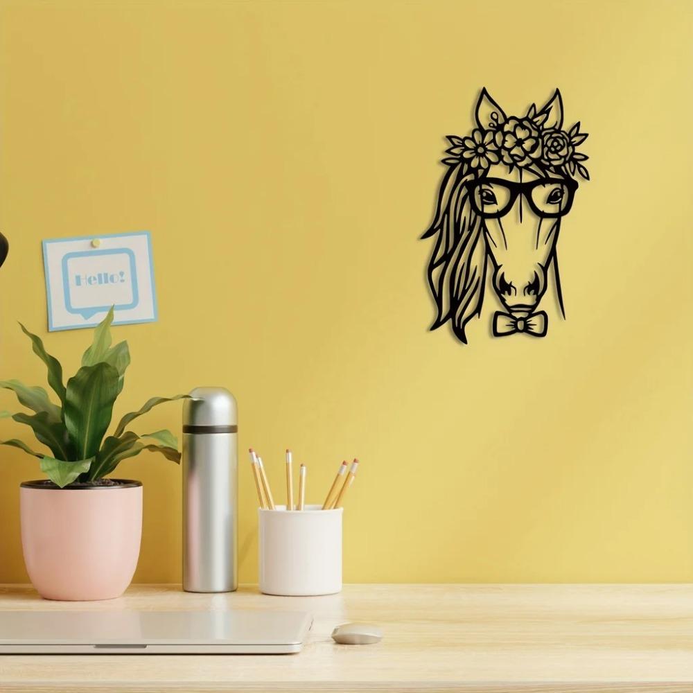 Unique Horse Metal Wall Decor - Geometric Cut Out Plaque with Flowers for Bedroom, Adding Grace To Your Home