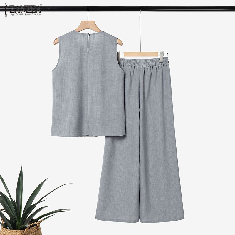 ZANZEA Women Sleeveless Blouse and Long Pants Casual Two Piece Suit Sets