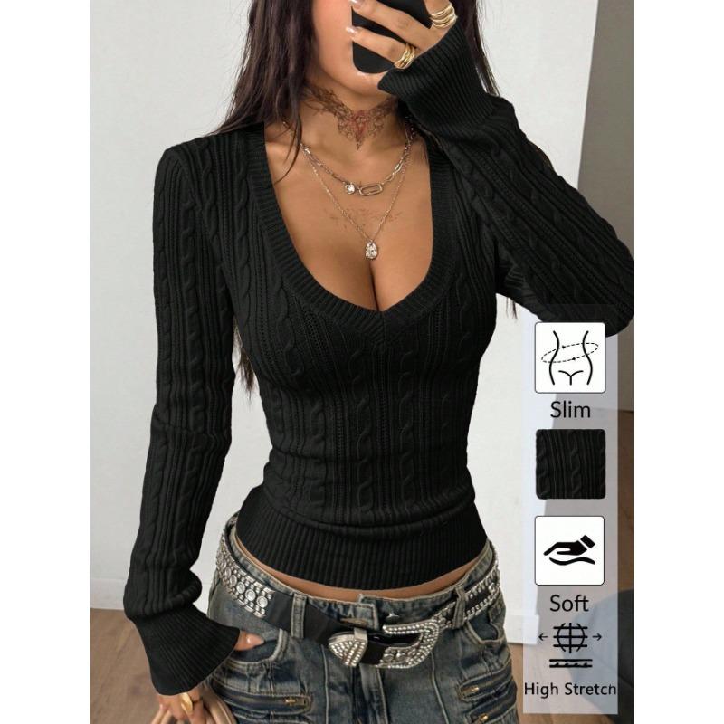 Women S V Neck Twisted Knit Sweater Slim Fit Short Length Long Sleeve Hot Girl Style