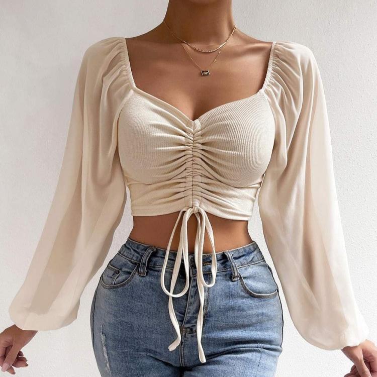 Women's Summer New V-neck Chiffon Drawstring Lantern Sleeve Tight Fashion Sexy Shirt Top