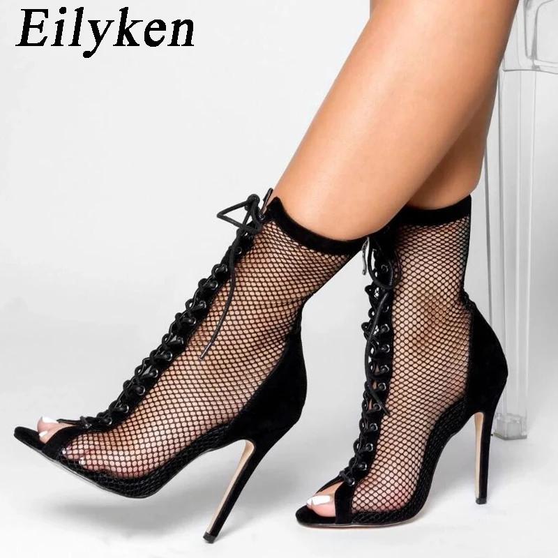 Fashion Eilyken Fashion Design Mesh High Heel Women Boots Sandals Sexy Peep Toe T-tied Stripper Pole Dancing Stiletto Shoes