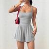 2026 Summer Women's Spaghetti Strap Casual Bandeau Jumpsuit with Wide Leg Shorts