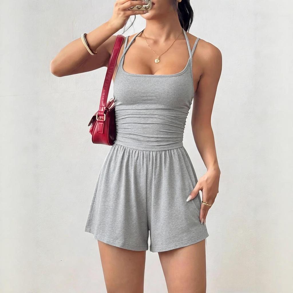 2026 Summer Women's Spaghetti Strap Casual Bandeau Jumpsuit with Wide Leg Shorts