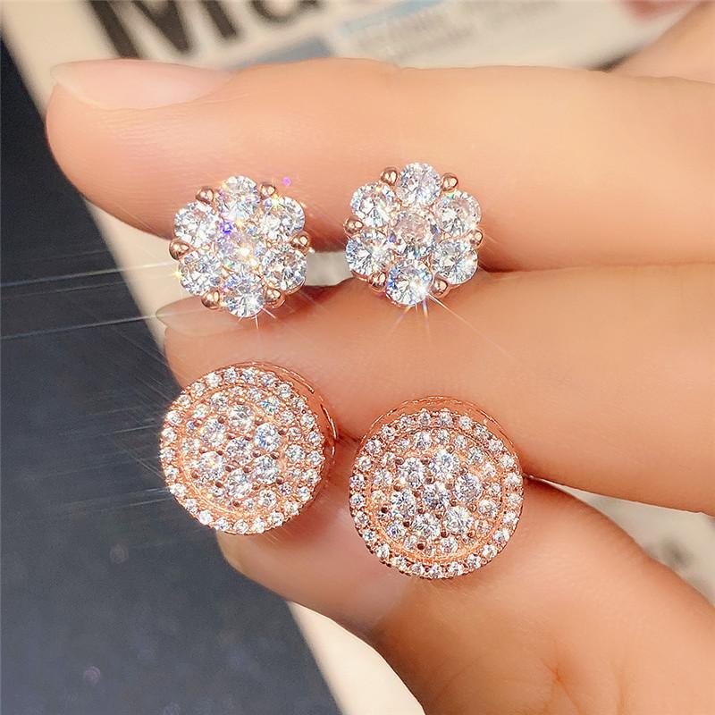 Luxury CZ Stud Earrings for Women Piercing Round/Flower Shaped Ear Earrings Bridal Wedding Accessories Fashion Jewelry