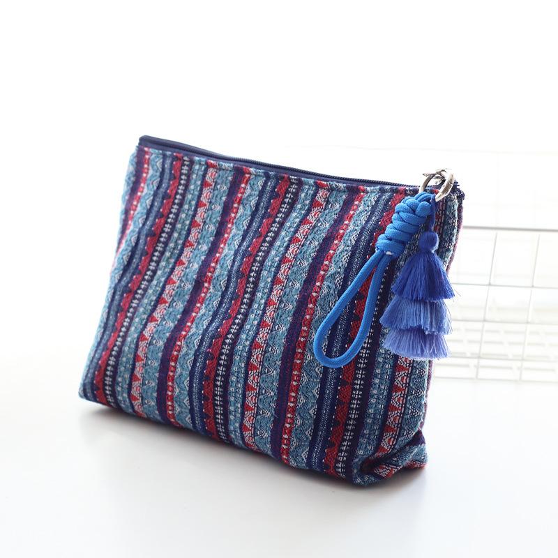 retro striped tassel zipper makeup bag, women s travel storage bag, large capacity fashion makeup bag, toiletry bag синий