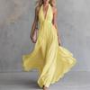 Women Sexy Solid Color Deep V Neck Sleeveless Halter Waist Cinched Maxi Dress