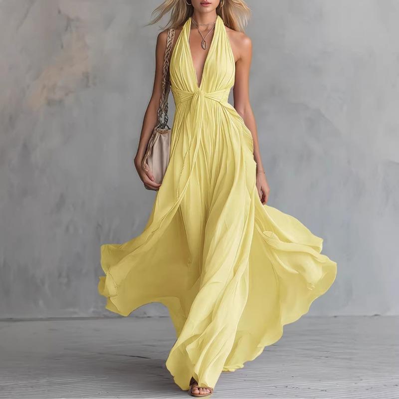 Women Sexy Solid Color Deep V Neck Sleeveless Halter Waist Cinched Maxi Dress