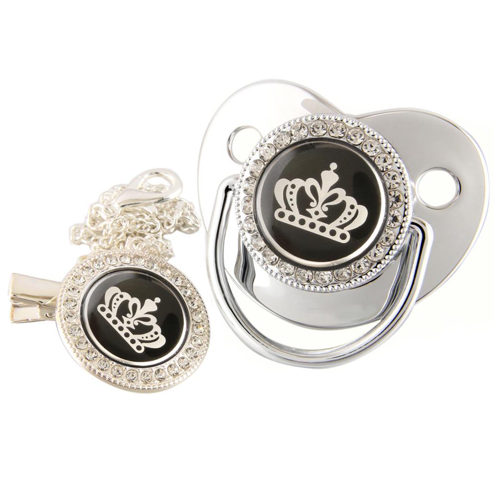 High-End Gold Diamond Baby Pacifier with Cartoon Crown and Chain Clip