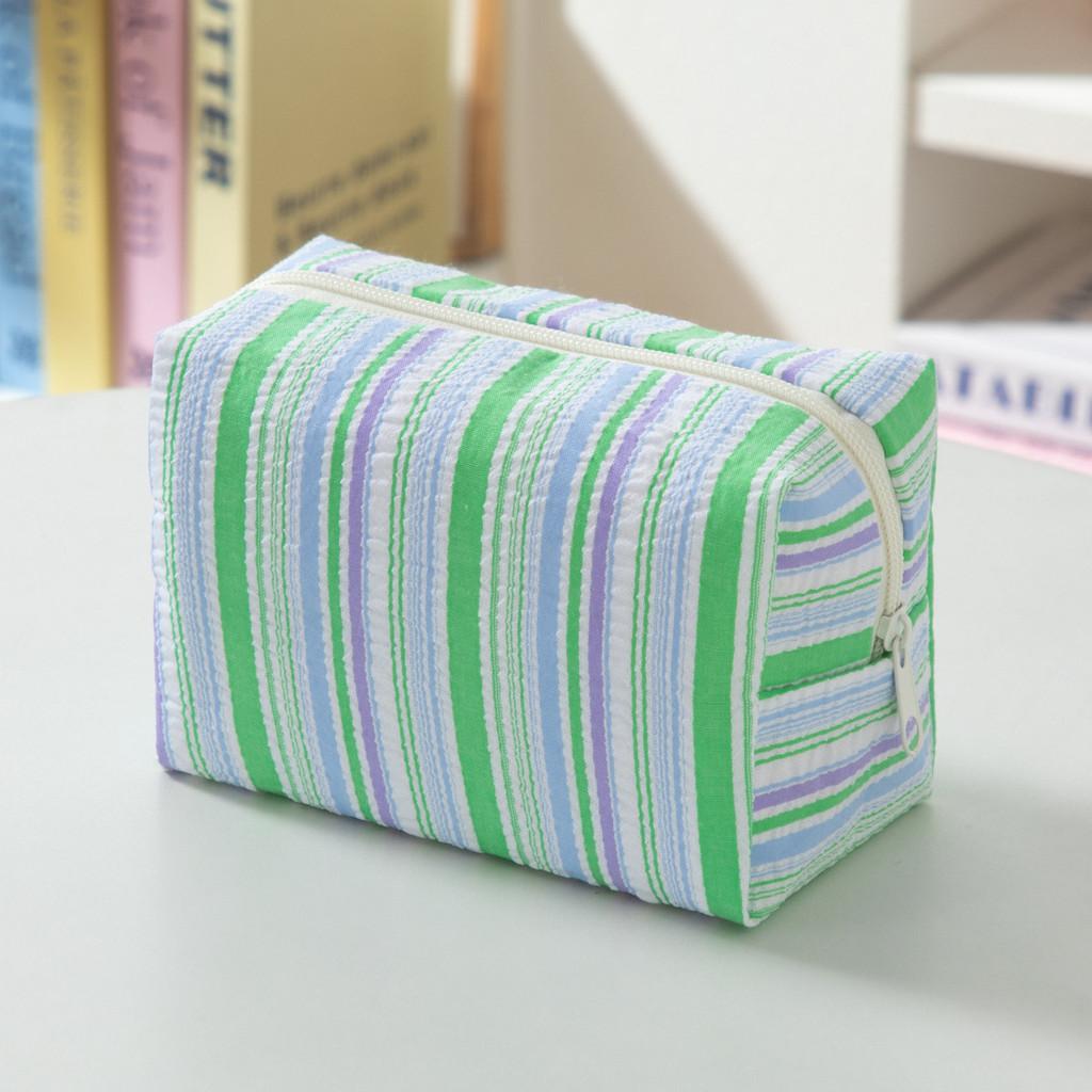 Polyester Striped Makeup Bag For Women With Storage Compartment Travel Organizer
