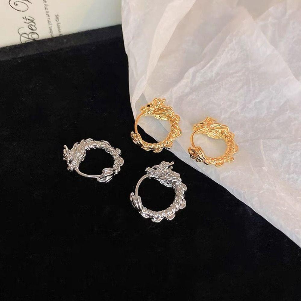 Chinese Style Silver Dragon Stud Earrings Aesthetic Chinese Dragon Earrings  Accessories