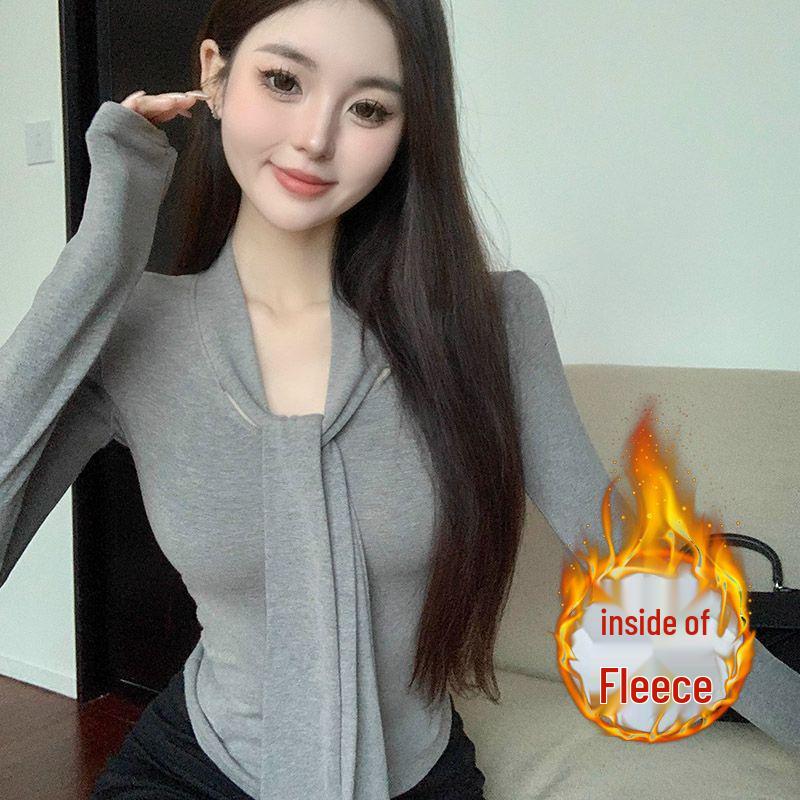 Women's V-Neck Lace-Up Long Sleeve Velvet T-Shirt: Pure Desire Style, Optional Thickness for Autumn/Winter